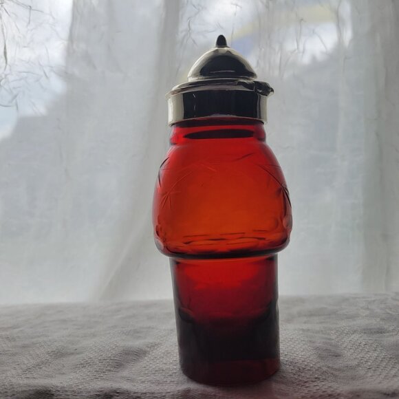 Vintage Red Glass Syrup Dispenser Condiment Jar Silver Hinged Lid Etched Floral - Picture 6 of 8